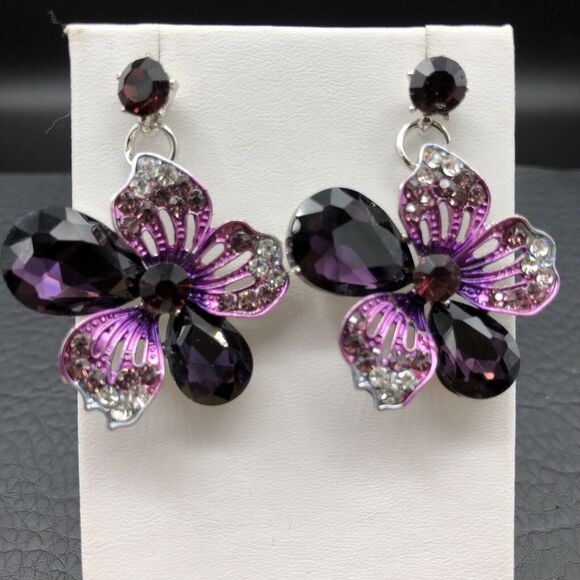 Rhinestone Flower Earrings Purple Crystal Silver Tone Statement Bridal Prom Stud - Picture 2 of 7